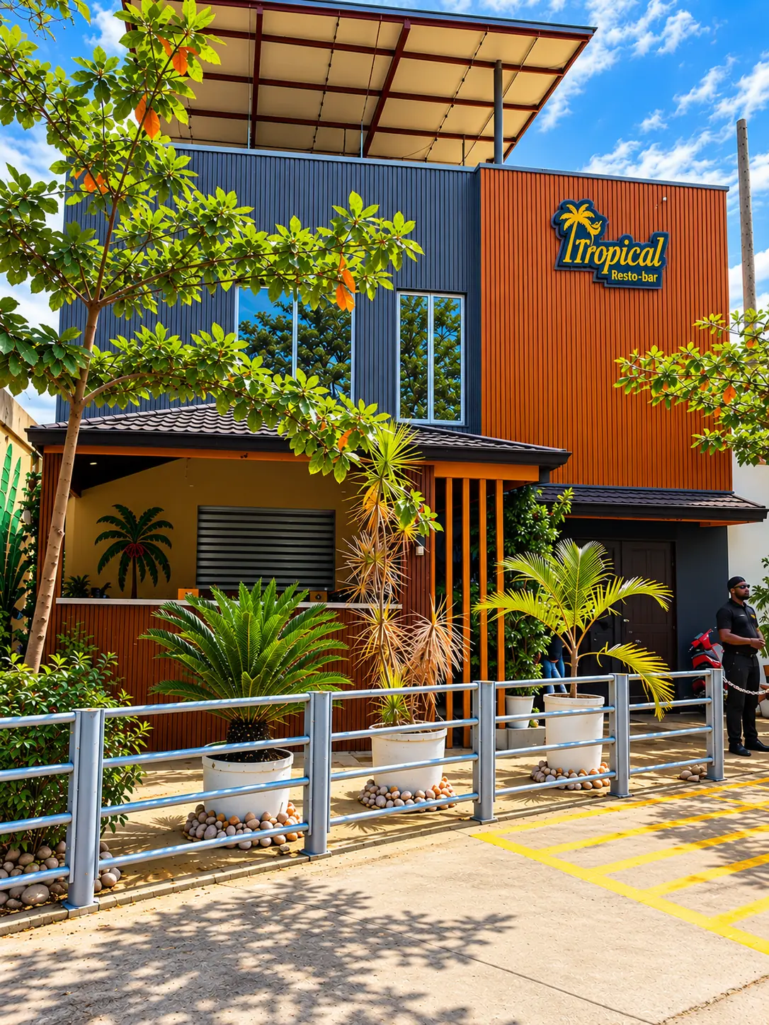 Façade du Tropical Resto-bar, enseigne et entrée végétalisée