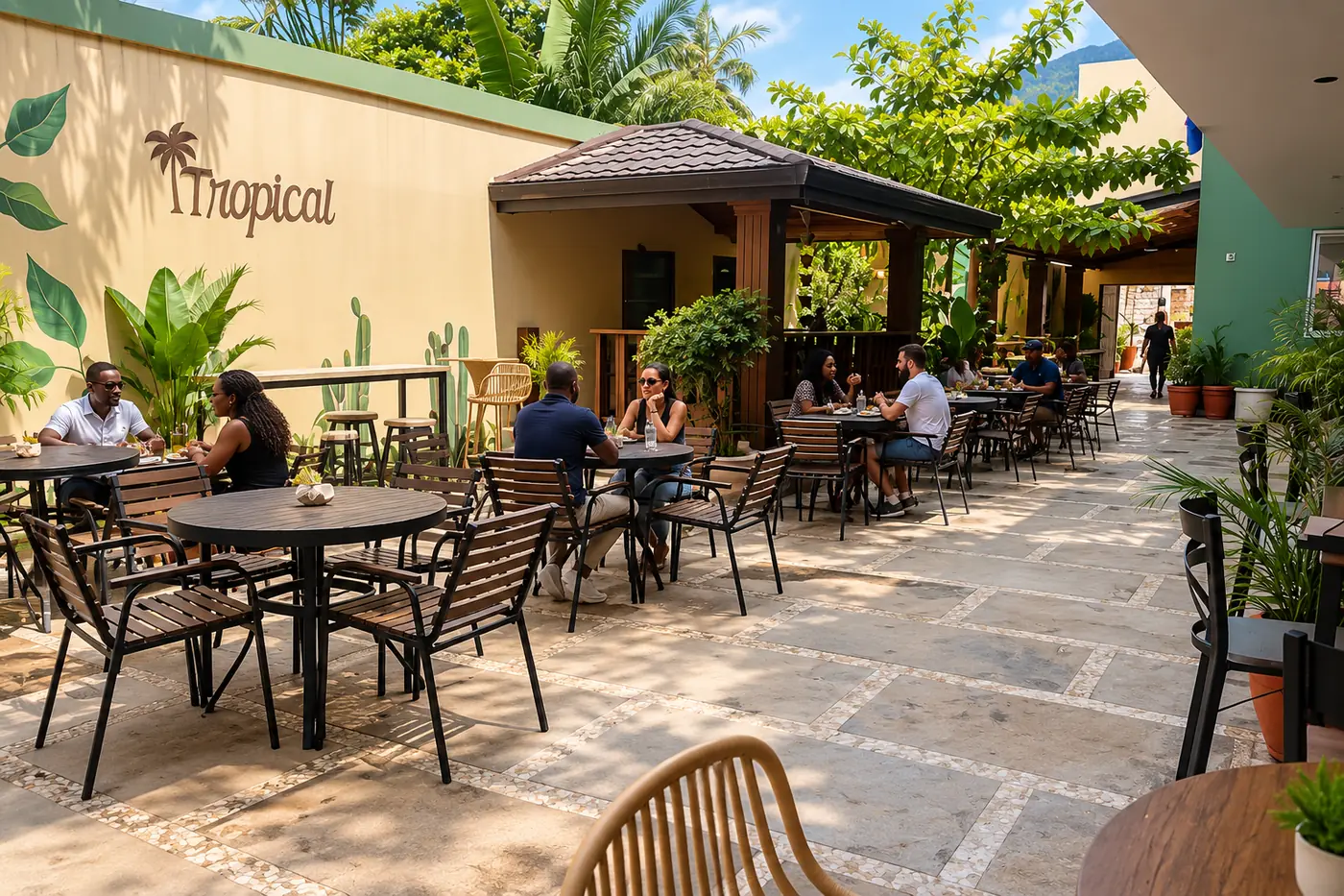 Terrasse du Tropical devant le mur peint, clients attablés